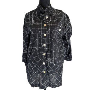 Vintage Black & White Geometric Button-Up Long Sleeve Shirt Dress Size L